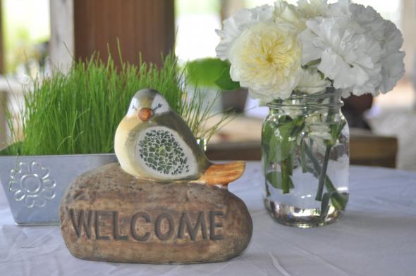 Rustic Decor :  wedding rustic decor bird decor tin buckets grass centerpiece wine bottles wood numbers ecoware brown white ivory silver ceremony reception DSC 0242