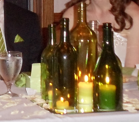 My DIY Wine Bottle Centerpieces :  wedding diy green reception wine bottle centerpiece Centerpiece