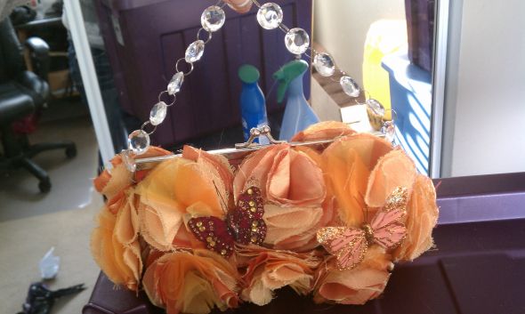 DIY Friday : wedding features IMAG0609 Bridesmaid purse : wedding bridesmaid clutch purse fabric flower crystal butterfly orange yellow purple gold bridesmaids bouquet ceremony flowers diy IMAG0609