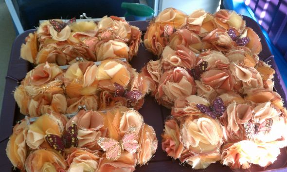 Bridesmaid purse :  wedding bridesmaid clutch purse fabric flower crystal butterfly orange yellow purple gold bridesmaids bouquet ceremony flowers diy IMAG0611