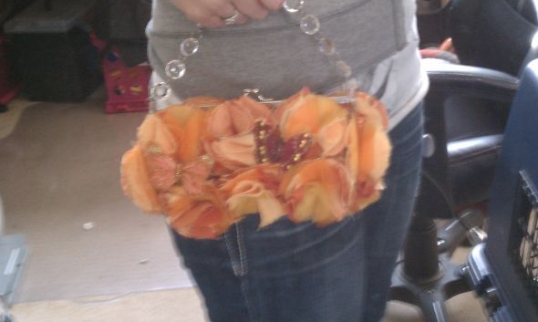 Bridesmaid purse :  wedding bridesmaid clutch purse fabric flower crystal butterfly orange yellow purple gold bridesmaids bouquet ceremony flowers diy IMAG0614