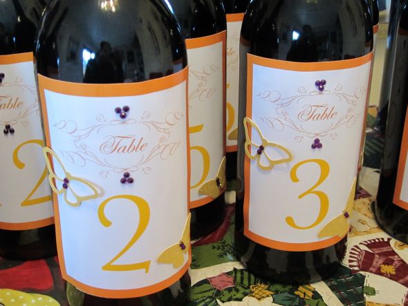 Wine Bottle Table s wedding wine label table numbers orange purple yellow 