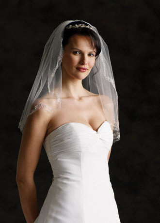 Ivory Short Wedding Veil with Beaded Flowers Scallop matches wedding dress