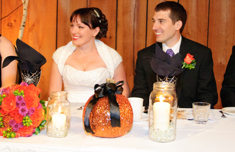 Glittered Pumpkins, Not Just for Halloween :  wedding pumpkin halloween glitter black orange reception Head Table