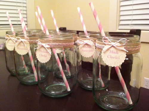 DIY Mason Jar Escort Glasses : wedding mason jars escort glasses beverages drinks brown pink ivory Mason2