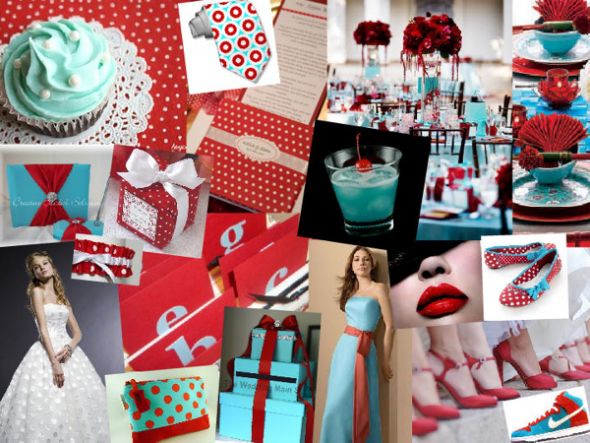 Does this look like 4th of July?? :  wedding red turquoise inspiration board Polka Dot Red Teal Inspiration Board