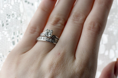 Spinoff: Post pics of your two rings together (wedding ring + engagement ring) :  wedding ring wedding engagement pic photo two finger together worn wear ring porn Weddingring7