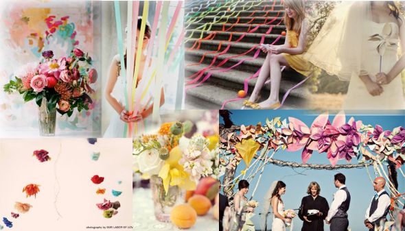 My colorful, whimsy inspiration board! :  wedding color inspiration board rainbow decor garlands Colorboard