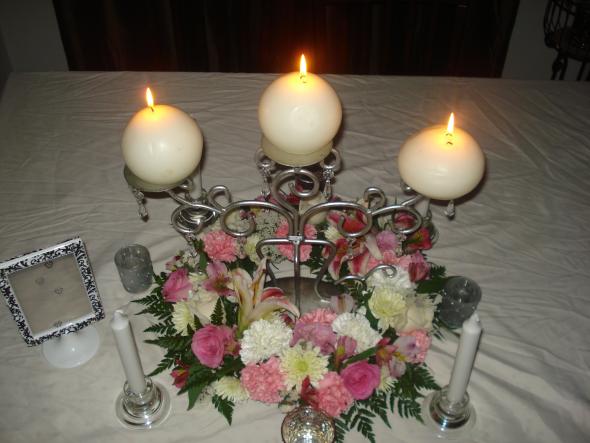 Our Sample Centerpiece OPINIONS PLEASE :  wedding candles centerpiece flowers inspiration ivory pink reception silver 045