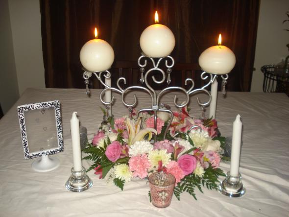 Our Sample Centerpiece OPINIONS PLEASE :  wedding candles centerpiece flowers inspiration ivory pink reception silver 046