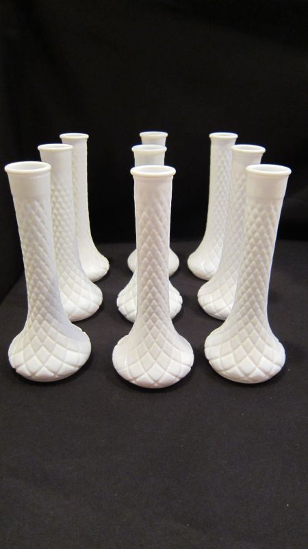 9 Vtg. Milk Glass Hooser Quilted PatternTall Bud Vases :  wedding vintage milk glass bud vases white reception IMG 0901