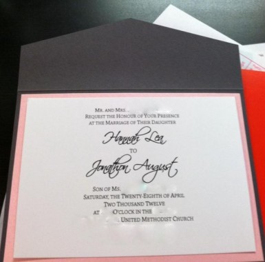 Our Pocket Invitations wedding invite pocket pink gray charcoal invitation