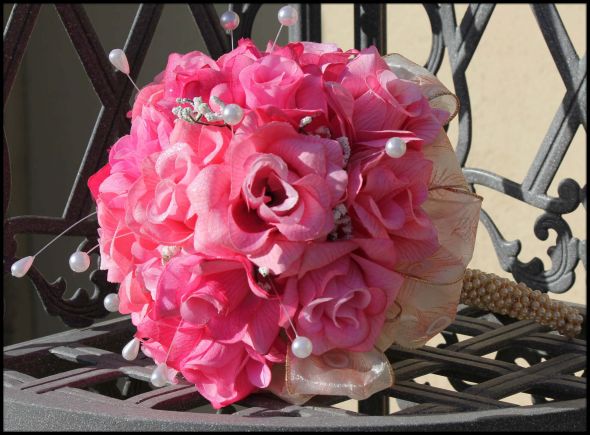 HandTied Bridal Bouquet of Hot Pink Pearl Roses Silk Flower 60 