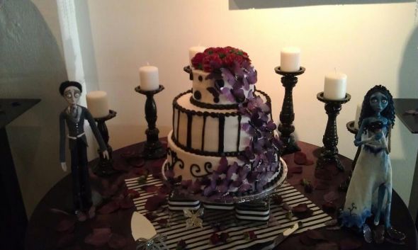 Tim Burton cake Corpse Bride wedding black and white stripes butterflies 