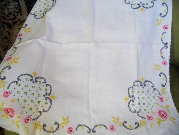 WDYT of this idea for table linens wedding vintage linens milk glass 