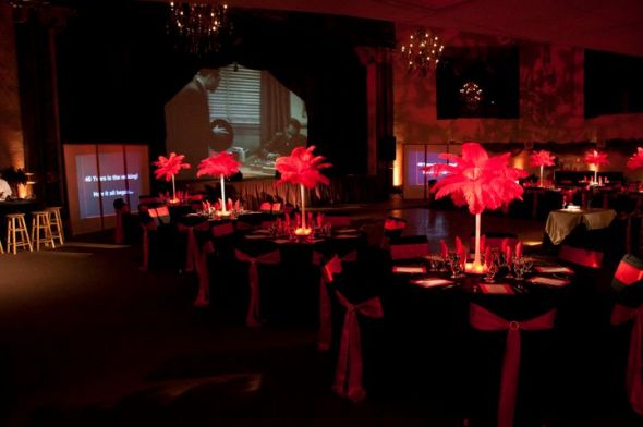  black chair covers red sashes gold buckles frosted tea light bowls 