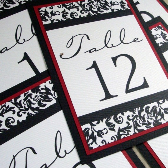 Black Red and White Damask Table Numbers Tented with Swarovski Crystal 