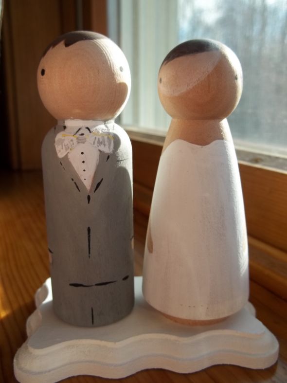 Wood Doll Cake toppers! :  wedding cake topper wood dolls diy paint simple white yellow silver cake reception 100 0441