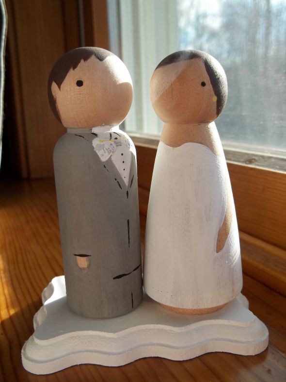 Wood Doll Cake toppers! :  wedding cake topper wood dolls diy paint simple white yellow silver cake reception 100 0443