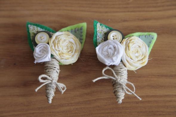 I made my own Boutonnieres :  wedding boutonnieres ceremony diy flowers green ivory silver white yellow Dads