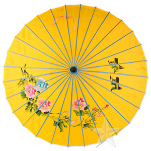 What color paper parasols for canary yellow bridesmaid dresses? :  wedding paper parasols yellow hot pink canary Dark Yellow Sky Blue Large Hand Painted Chinese Floral Parasol