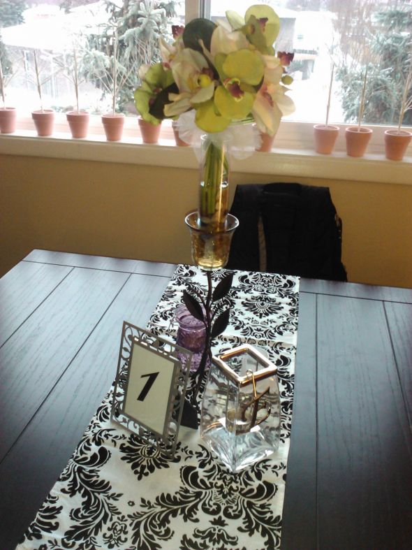 table set up wedding tablescape black green pink white silver flowers 