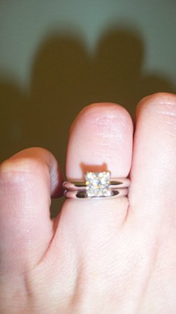Show me your wedding bands with solitaire e-rings please! :) :  wedding diamond moissanite band wedding band e ring engagement ring solitaire Wedringpic2