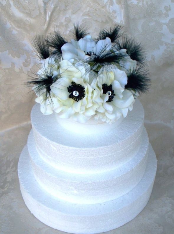 Floral Cake Top with Ivory and Black - Anemones - Custom Made : wedding cake top anemone rhinestone black white ivory cake ceremony flowers diy reception Anemone Cake Top
