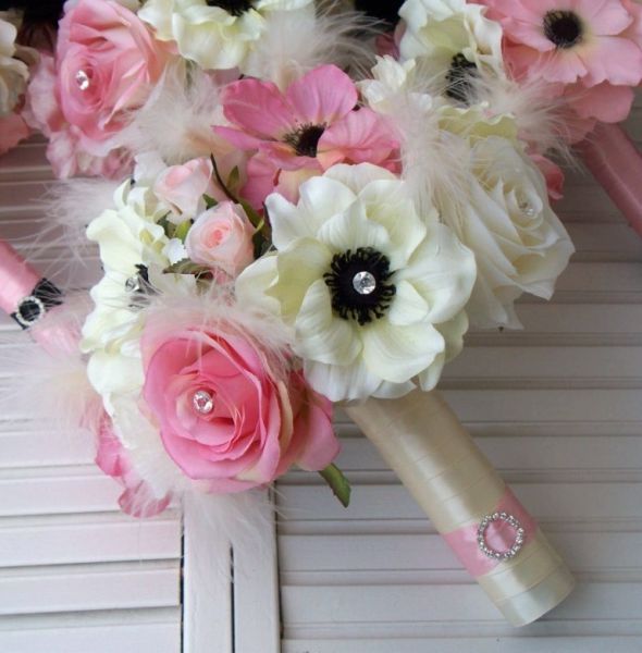 Bridal Party Flower Set Ivory and Light Pink Anemones with Black feathers