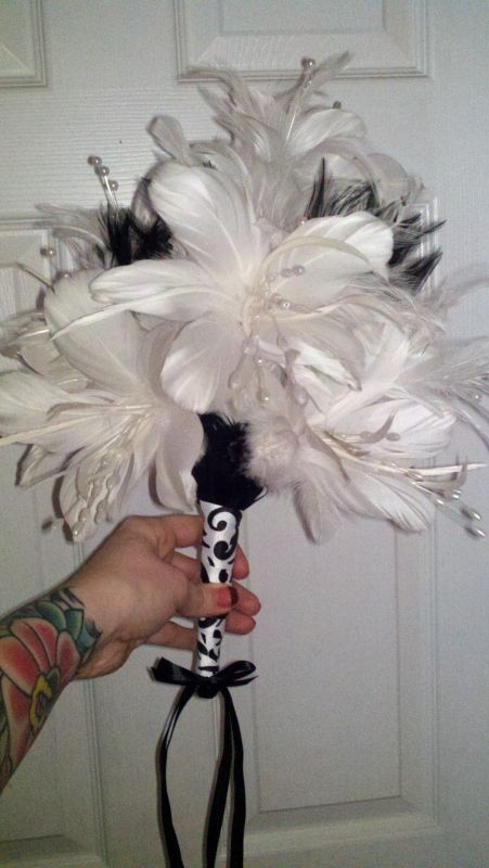 Black and white damask feather bouquet I made for my wedding wedding 