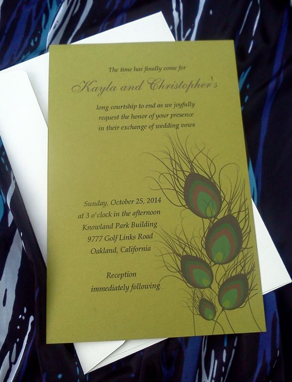 Beautiful Peacock Feather Personalized Wedding Invitation Set of 50 
