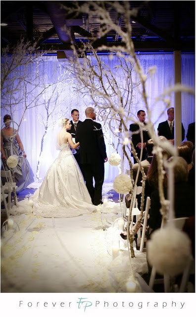 White kissing balls wedding Winter Wonderland Wedding Ceremony Decor