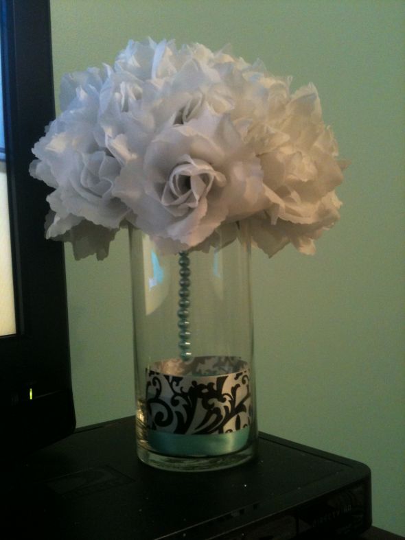 My DIY damask centerpiece black white and tiffany blue wedding teal