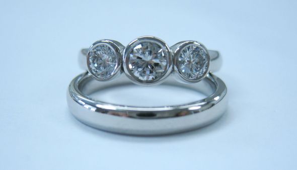 Please show me your wedding bands with three stones e-rings!! :  wedding rings three stones wedding bands Three Stone Bezel  Band