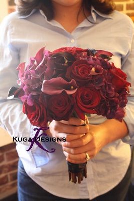 Show me your purple bouquets! :  wedding i Deep Red Roses Black Callas And Purple Hydrangea Bouquet Kuga Designs