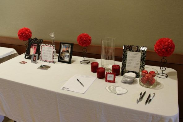 Black and White Damask Guestbook Table wedding damask black red white 