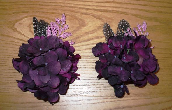 Momma Corsages wedding corsage mom hydrangeas feathers pink purple 