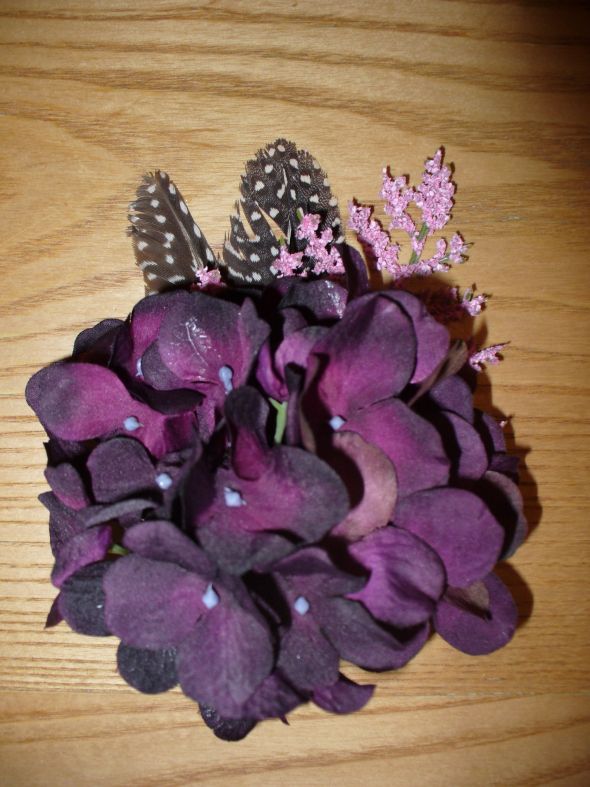 Momma Corsages : wedding corsage mom hydrangeas feathers pink purple ceremony flowers diy P1040208