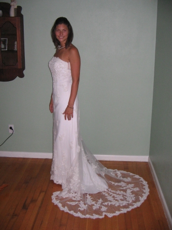 Discontinued David's Bridal gown T8684 in white