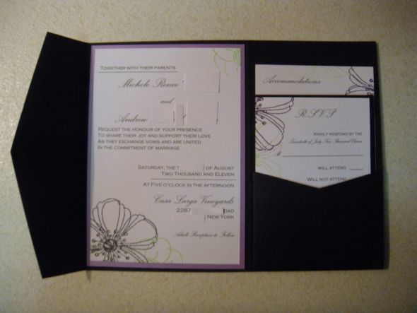 I stamped the invite inserts labels with a rubber stamp in dark purple 