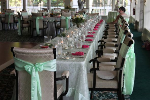 Pistachio chair sashes table overlays David's Bridal Color wedding 