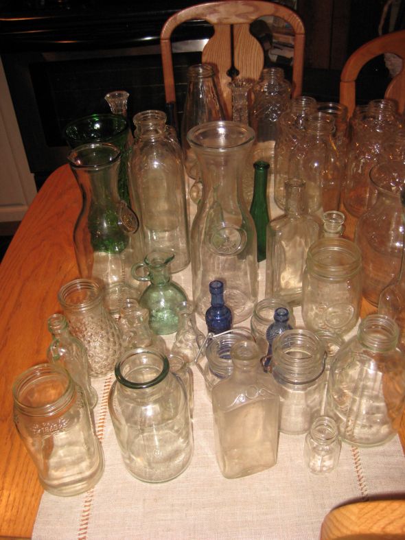 Vintage Hemstitch Table Runners & Antique Bottles, Vases, Etc! :  wedding table runners decor vintage vases flowers white ivory inspiration ceremony diy reception IMG 3878