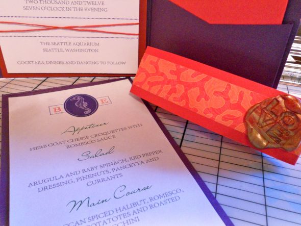 Mock up of Red Purple Pocket fold Invite wedding invitation seahorse 