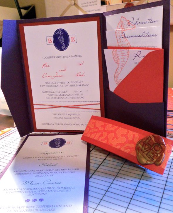 Mock up of Red Purple Pocket fold Invite wedding invitation seahorse 