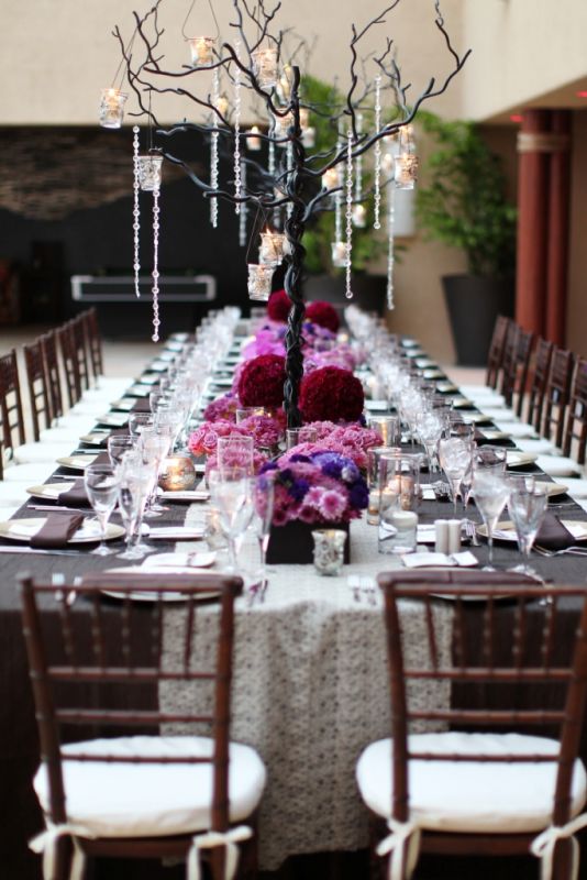Our table - trees, candles and lots of purple, pink and fuschia :  wedding Table