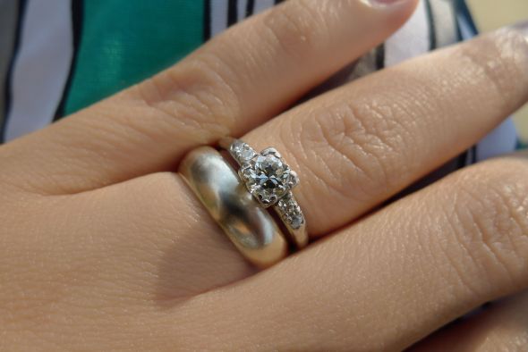 Show me your wedding bands with solitaire e-rings please! :) :  wedding diamond moissanite band wedding band e ring engagement ring solitaire P1040320 2