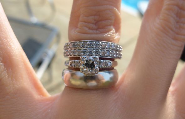 Show me your wedding bands with solitaire e-rings please! :) :  wedding diamond moissanite band wedding band e ring engagement ring solitaire Complete Set