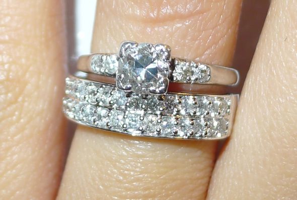 Show me your wedding bands with solitaire e-rings please! :) :  wedding diamond moissanite band wedding band e ring engagement ring solitaire Ring Handshot