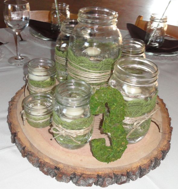 Lace Mason Jars- Atlanta : wedding mason jar green brown ivory wood cake brown green white cake diy reception DSC00762