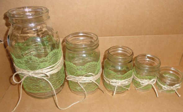 Lace Mason Jars- Atlanta :  wedding mason jar green brown ivory wood cake brown green white cake diy reception DSC00926